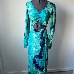 NWT AFRM dress blue teal tie dye small rayon cut out stomach
